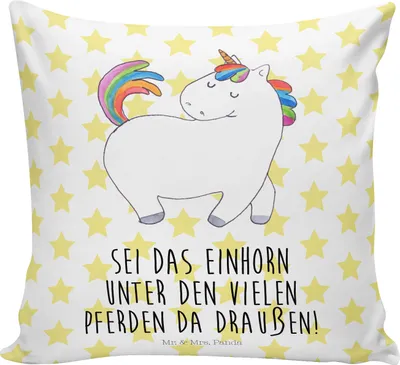 Produktbild von Mr. & Mrs. Panda Sofakissen Einhorn Stolzieren - Weiß - Geschenk, Deko Kissen, Unicorn, bedruckt, Reiten, Einhörner, Freundin, 40x40, couch, zier, Pferd, Dekokissen
