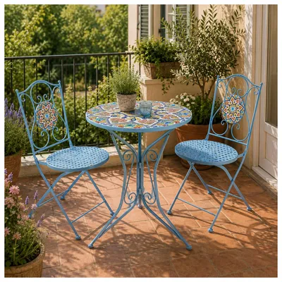 Produktbild von Bistro Sitzgruppe Metall blau Tisch mit 2 Stühlen Balkon Set Gartenmöbel Mosaik