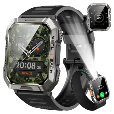 Produktbild von Smartwatch Herren , 100 Tage Akkulaufzeit/LED Taschenlampe/Kompass/2 Armbänders/IP68 Wasserdicht, 100+Sportmodi Sportuhr, für Android iOS