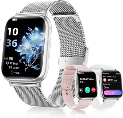 Produktbild von Smartwatch Damen mit Telefonfunktion 3 Armbänder HD mit 24H Pulsmesser SpO2 Schlafmonitor 120+ Sportmodi IP68 Smart Watch für iOS Android Silber