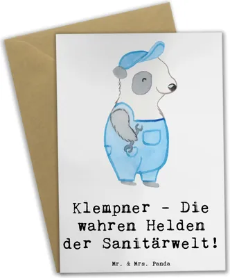 Produktbild von Mr. & Mrs. Panda Grußkarte Klempner Helden - Weiß - Geschenk, hochzeitskarten, Hingabe, Beruf, Handwerkskunst, osterkarten, einladungskarten, Alltagshelden, Berufsalltag