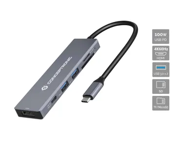 Zdjęcie produktu dla Conceptronic DONN23G, Przewodowa, USB 3.2 Gen 1 (3.1 Gen 1) Type-C, 100 W, Szary, MicroSD (TransFlash), SD, SDHC, SDXC, 4K Ultra HD