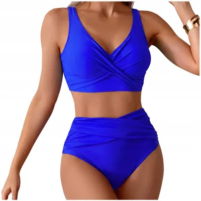 Obrázek produktu pro Bikiny s vysokým pasem - Dvoudílné plavky modré - Řasené kalhotky - Vysoký pas - M 38