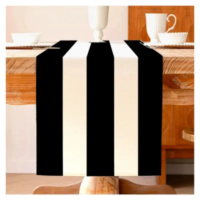 Produktbild von Modern Gestreifter Tischläufer Schwarz Weiß Abwaschbar 33 x 183 cm