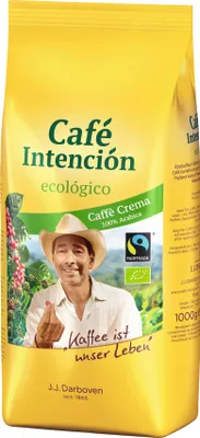 A bag of coffee beans with a man in a hat on it.