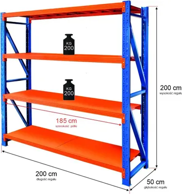 Zdjęcie produktu dla Regał metalowy magazynowy warsztatowy 4-półkowy Mega-M FORTIS LIGHT 200x200x50 cm moduł bazowy 800kg
