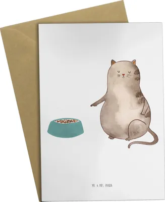 Produktbild von Mr. & Mrs. Panda valentinstagskarte Katze Fressen - Weiß - Geschenk, einladungskarten, weihnachtskarten, Grußkarten, babykarte, Grußkarte, osterkarten