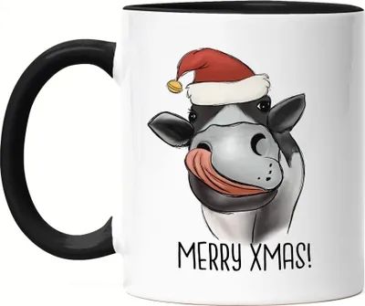 Produktbild von Merry Xmas Tasse Schwarz Geschenkidee Weihnachten Frohe Weihnachten Süßes Kuh-Motiv Kuh-Fans Kühe