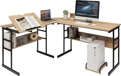 Produktbild von Eckschreibtisch in L-Form, 170 cm, Computer-Schreibtisch mit 2 Regalen, neigbare Platte, Centereinheit, Computertisch für Büro (Natur)
