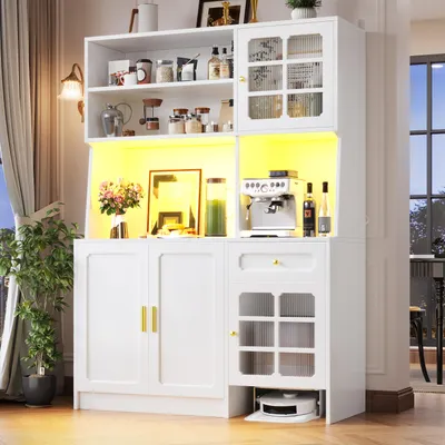 Image de Armoire haute de cuisine Fliek avec portes vitrées et éclairage LED, armoire haute de cuisine avec tiroirs, buffet 130x45x180cm, blanc