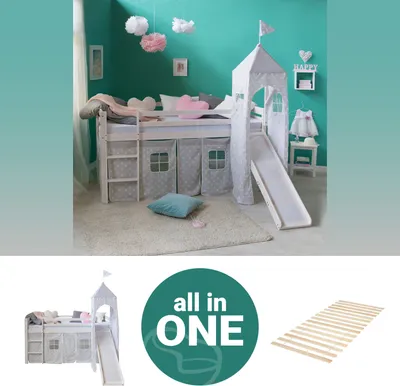 Produktbild von Homestyle4u Kinder Hochbett 90x200 weiss mit Lattenrost Rutsche Turm
