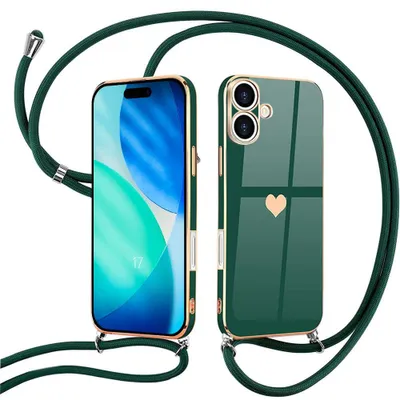 Image de Coque pour iPhone 17, Silicone Souple Anti-Rayures Motif Cœur avec Cordon Vert Nuit