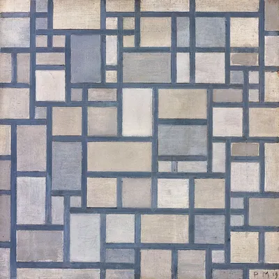 Produktbild von Piet Mondrian Kunstdruck Bild - Komposition In Hellen Farben Mit Grauen Linien, Rasterkomposition 7, 1919 (70 x 70 cm)