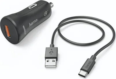 Produktbild von Hama Kfz-Ladeset,Schnellladegerät mit Kabel USB Type-C, 3 A, QC Qualcomm Quick Charge 3.0, 1.5m, Schwarz