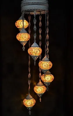 Immagine prodotto di Lampada a sospensione in vetro marrone con mosaico colorato, lampadario in stile orientale, 7 sfere, realizzata a mano in Turchia