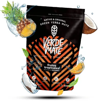 Produktbild von Verde Mate - Mate Tee Frutos Tropicales 400g - Dicke Blätter 5mm - Mit Ananas, Pomelo & Kokos - Luftgetrocknet, Mild - Brasilien