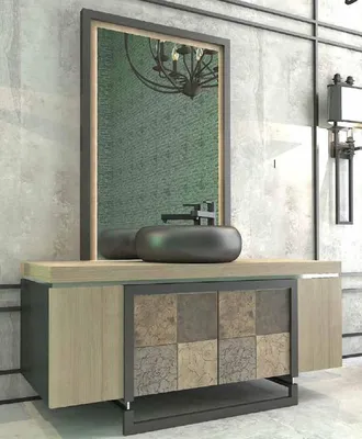 Produktbild von Casa Padrino Luxus Badezimmer Set Naturfarben / Mehrfarbig / Schwarz - 1 Waschtisch mit 4 Türen und 1 Waschbecken und 1 Wandspiegel - Luxus Qualität