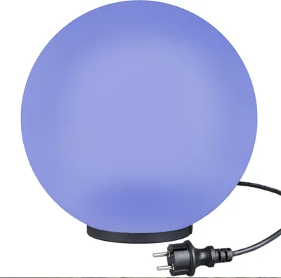 A spherical lamp with a black base and a power cord with a plug.