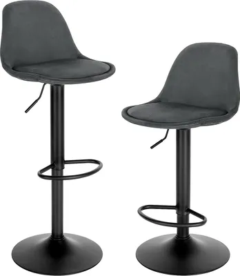 Two dark gray bar stools on a white background.