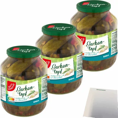 Produktbild von Gut & Günstig Gurkentopf knackig-würzig mit Silberzwiebel 3er Pack (3x850g ATG) + usy Block