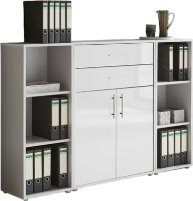 Produktbild von Aktenschrank TABOR 13 in lichtgrau / weiß Hochglanz, Schrankwand, Büroschrank, abschließbar, Metallgriffe