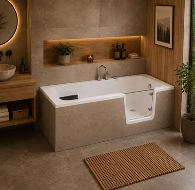 Produktbild von AQUA for you | Badewanne - AVO - Seniorenbadewanne mit Tür – 170 x 75 x 58 cm - universell - Weiß - mit Tür, Sitz, Montagegestell, , Einbaubadewanne
