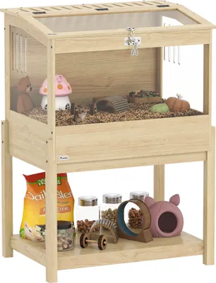 Produktbild von PawHut Hamsterkäfig 2 Etagen Nagerkäfig Kleintierkäfig mit klappbarem Deckel, groß Kleintierstall Käfig für Hamster Zwerghamster 83,2 x 50 x 103 cm Naturholz