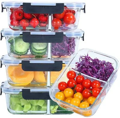 Productafbeelding van Omgoods- Maalprep Dozen Glas 2 Vakken - 5 Stuks - 1040 ml - Portiecontrole - Duurzaam - Vaatwasserbestendig - Veilig voor Voedsel - Lunchbox