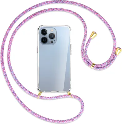 Produktbild von Handykette Backcover-Schutzhülle mit Band (Metall goldfarben) für Apple iPhone 13 Pro - lila/rosa/blau