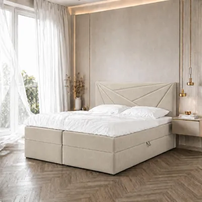 Zdjęcie produktu dla Łóżko kontynentalne dwuosobowe TEO 3 – łóżko o wymiarach 160 x 200 cm z materacem typu bonell, z pojemnikiem na pościel i nakładką. (Beżowe)