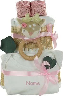 Produktbild von Windeltorte Mädchen mit Name bedruckt | REH ELLA | rosa – 2 stöckig / bedruckt