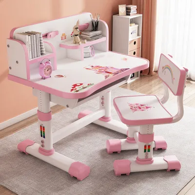 Produktbild von Kinder funktionelle Schreibtisch und Stuhl Set, höhenverstellbar Kinder Schule Studie Tabelle Stuhl Set mit Cartoon-Muster-Rosa