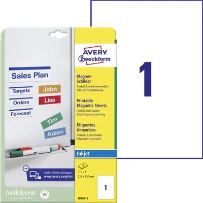 Produktbild von Avery Zweckform J8867-5 Magnet-Schilder, 210 x 297 mm, 5 Bogen/5 Etiketten, weiß