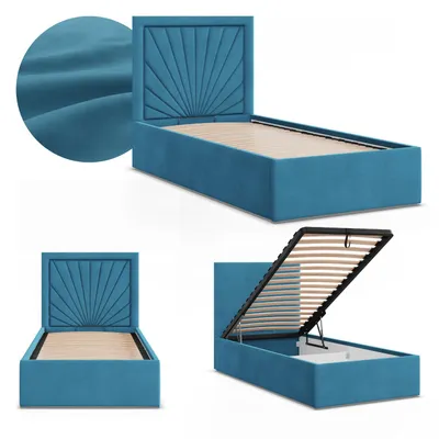 Produktbild von Polsterbett VASTO 90x200 mit Bettkasten und hochklappbarem Metall-Lattenrost, Einzelbett mit Kopfteil Blau