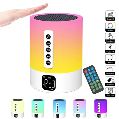 A hand is shown hovering over a multi-colored LED speaker with a remote control and other smaller speakers shown below.