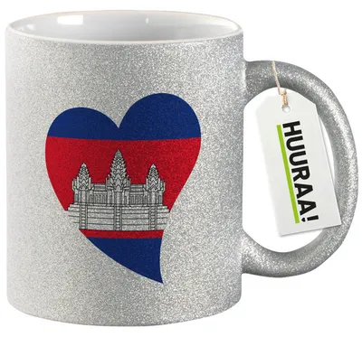 Produktbild von Huuraa Glitzertasse Kambodscha Flagge Herz 330ml Silber Keramik Kaffeebecher Geschenkidee