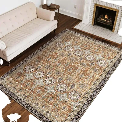 Produktbild von VEVOR Teppich, 8 x 10 ft großer waschbarer Teppich, rutschfest und reißfest weicher Teppich, haustier- und kinderfreundliche Vintage-Teppiche, Innenmatte für Schlafzimmer, Wohnzimmer, Kinderzimmer, Büro, braunrot, Braun Grün-a, 8 x 10 ft-b