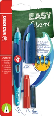 Produktbild von Ergonomischer Schulfüller für Rechtshänder mit Anfänger-Feder A - STABILO EASYbirdy in mitternachtsblau/azur - Einzelstift - Schreibfarbe blau (löschbar) - inklusive Patrone und Einstellwerkzeug