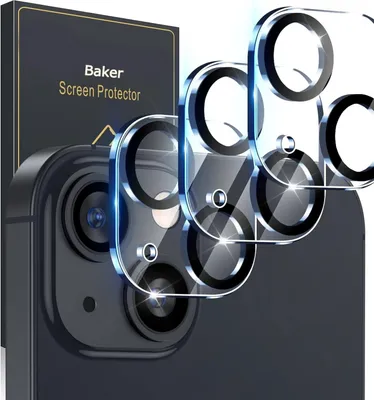 Product shot of camera lens protectors for an iPhone 13, with packaging in the background.