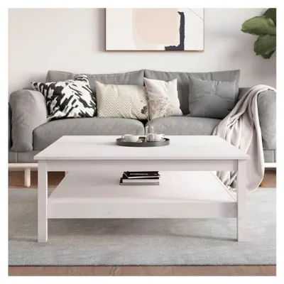 Produktbild von Couchtisch Weiß 100x100x40 cm Massivholz Kiefer, Wohnzimmertisch mit Regal für Wohnzimmer, Büro, kleine Räume