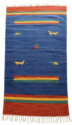 Produktbild von Dhurrie Teppich Blau A9 Baumwolle Gabbeh ca160x090cm Handgewebt Fransen Nomaden