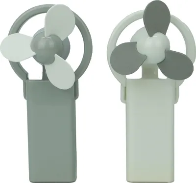 Two small handheld fans, one gray and one white, shown side by side against a white background.