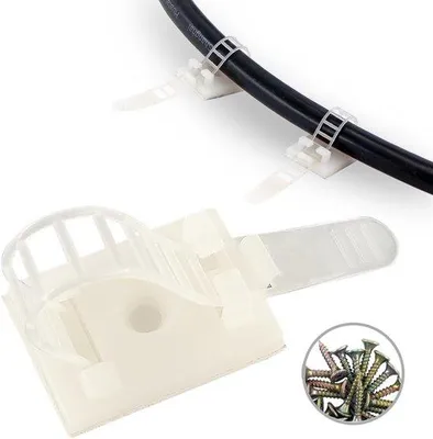 Produktbild von Famanu Kabelbinder Clips 7,5 cm - Selbstklebend, Verstellbar, Weiß mit Schraubloch