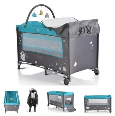 Produktbild von Moni Reisebett Sleepy Rollen, Wickelauflage, Matratze, Spielbogen, Seiteneingang grau türkis