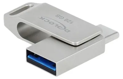 Produktbild von DeLOCK USB 5 Gbps USB-C + Typ-A Speicherstick 128 GB - Metallgehäuse, 128 GB, USB Type-A / USB Type-C, 3.2 Gen 1 (3.1 Gen 1), 71 MB/s, Drehring, Silber