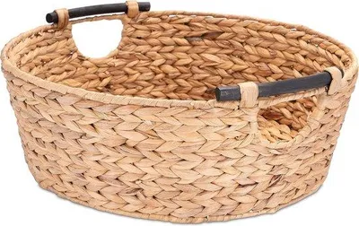 Produktbild von DigiRigi® Rund geflochtener Wäsche- & Aufbewahrungskorb aus Wasserhyazinthe (Seegras) mit Holzgriffen – Ø 47 x 18 cm, groß