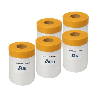 Produktbild von ARLI 5x Goldband Masker 550 mm x 25 m Abdeckfolie mit Klebeband Malerfolie Transparent Baufolie Tape