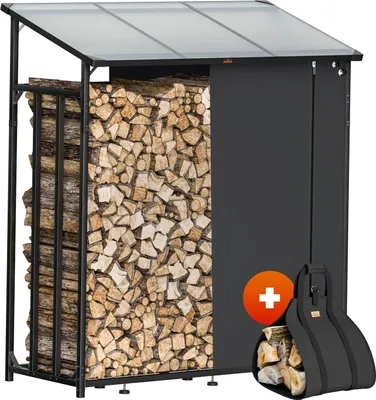 Produktbild von GARDEBRUK® Kaminholzregal Außen Stahl XXL Schwarz mit Dach Abdeckung Holzunterstand Holzlager Regal inkl. Tragetasche Holzregal Holzstapelhilfe