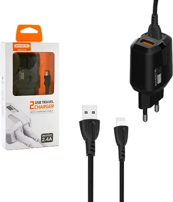 Image de Chargeur secteur 2.4A + câble IPHONE BLACK SOMOSTEL 2400mA 2XUSB DUAL SMS-A139