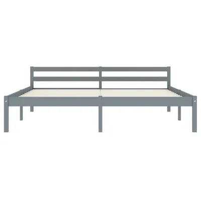 A grey wooden bed frame with a beige slatted base, shown from the front.